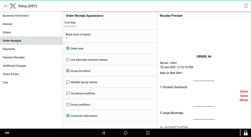 Why is customer information not printing on the receipt?
